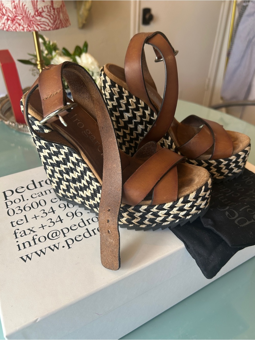 Pedro Garcia Brown Leather Braided Espadrille Wedge Sandals